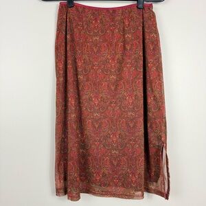 Kathie Lee Collection Skirt Paisley Red Brown 90s Vintage Side Slit Sheer Y2K